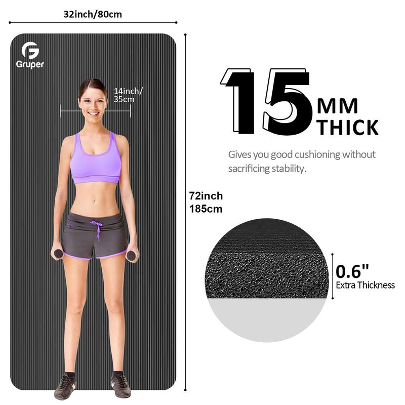 Gruper Thick Yoga Mat Non Slip, Large Size 72" L x 32" W x 0.6" TH, Premium Exercise & Fitness Mat with Carrying Strap and Bag, Workout Mats for Home (Black, 0.6 * 32 * 72 Inches) - Image 2